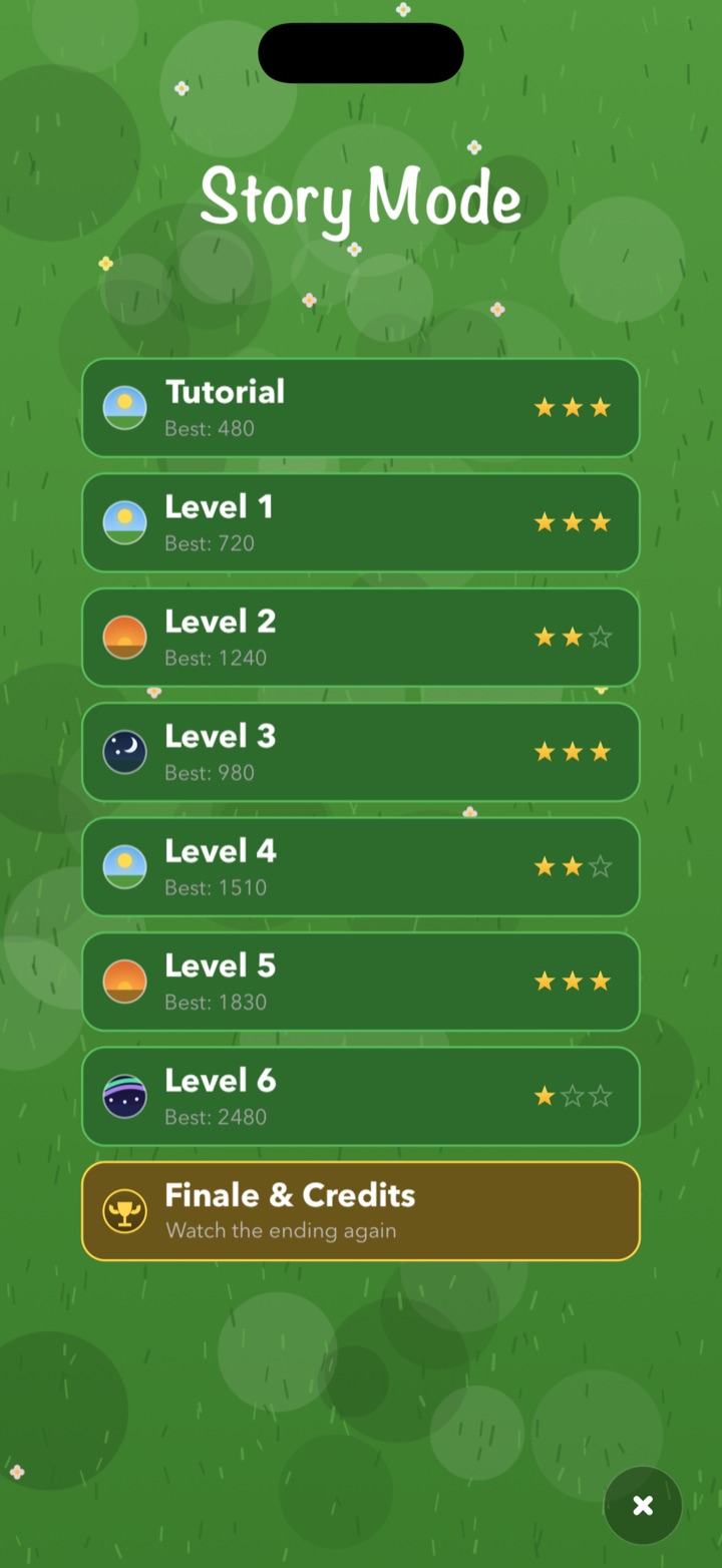 The Story Mode level list with time-of-day badges, stars and best scores