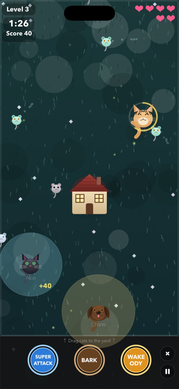 A moonlit yard with spiral and zigzag mice closing in on a centred house