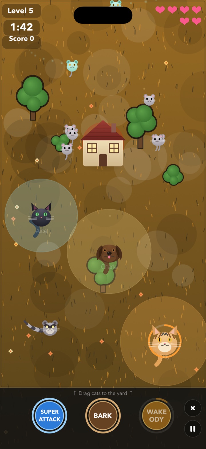 A swarm of mice, a raccoon and Ody's orange sweep radius while Charlie's aura slows the mice around him