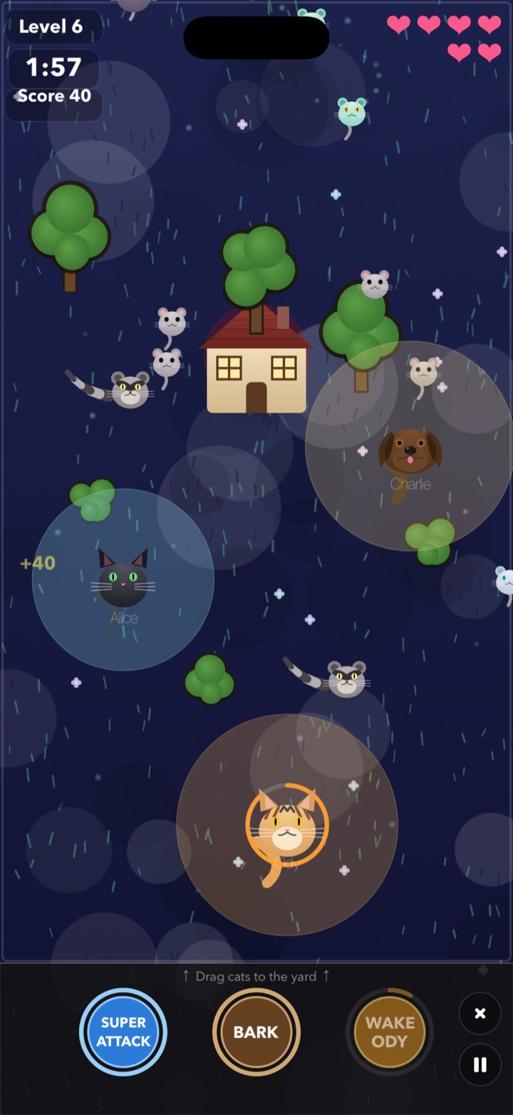 The final level's indigo yard with normal, tough, spiral, zigzag and bouncing mice and two raccoons